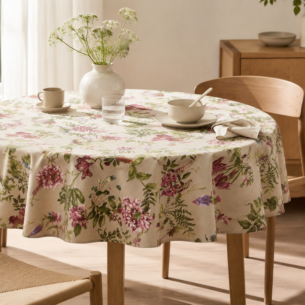 Runde Tischdecke Botanico – elegante Frühstückstafel im Tageslicht