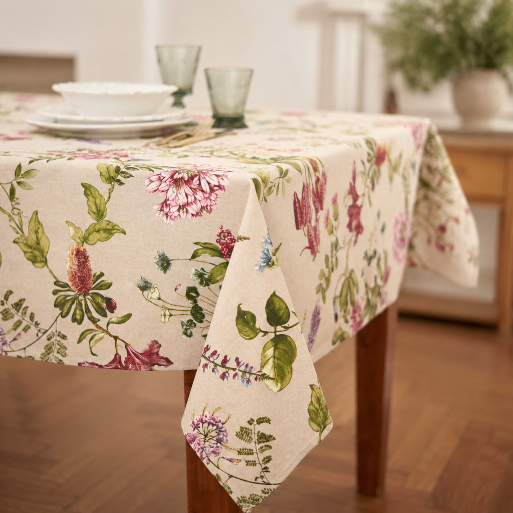 Tischdecke Botanico mit floralem Muster – Detail von Stoff, Saum und Originalmuster