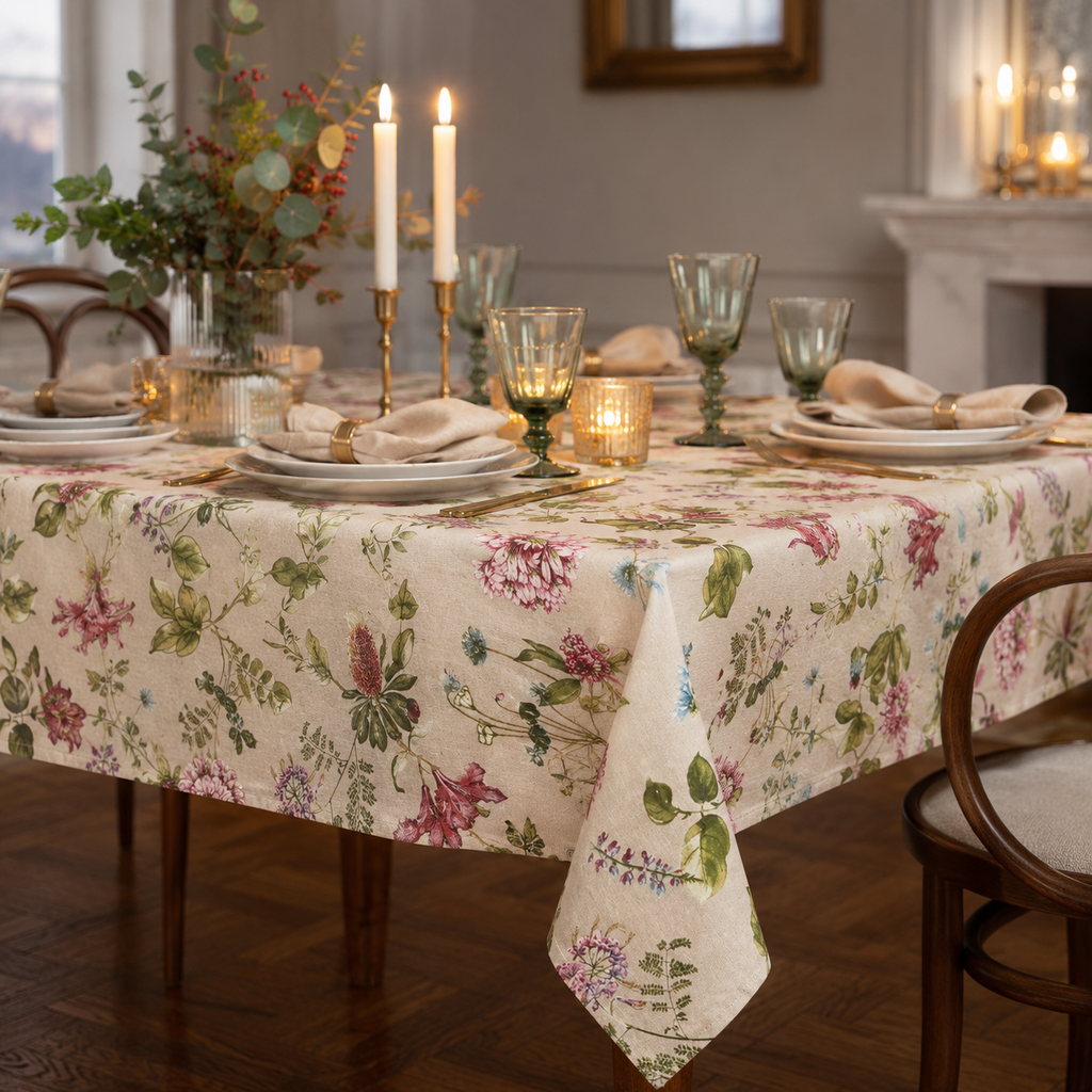 Tischdecke Botanico mit floralem Muster – elegante Dinner-Atmosphäre