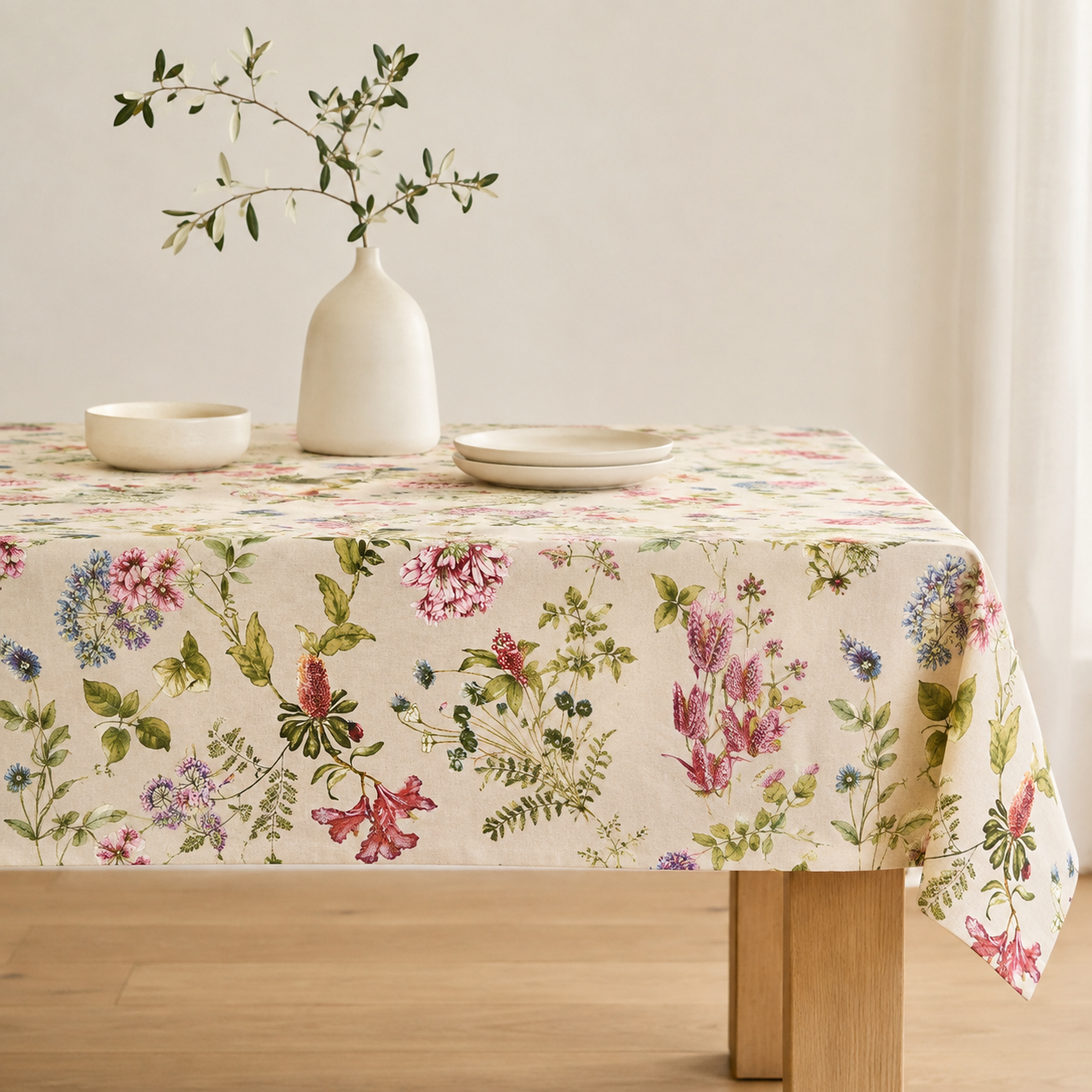 Tischdecke Botanico mit floralem Muster – Premium Hauptbild im eleganten Esszimmer