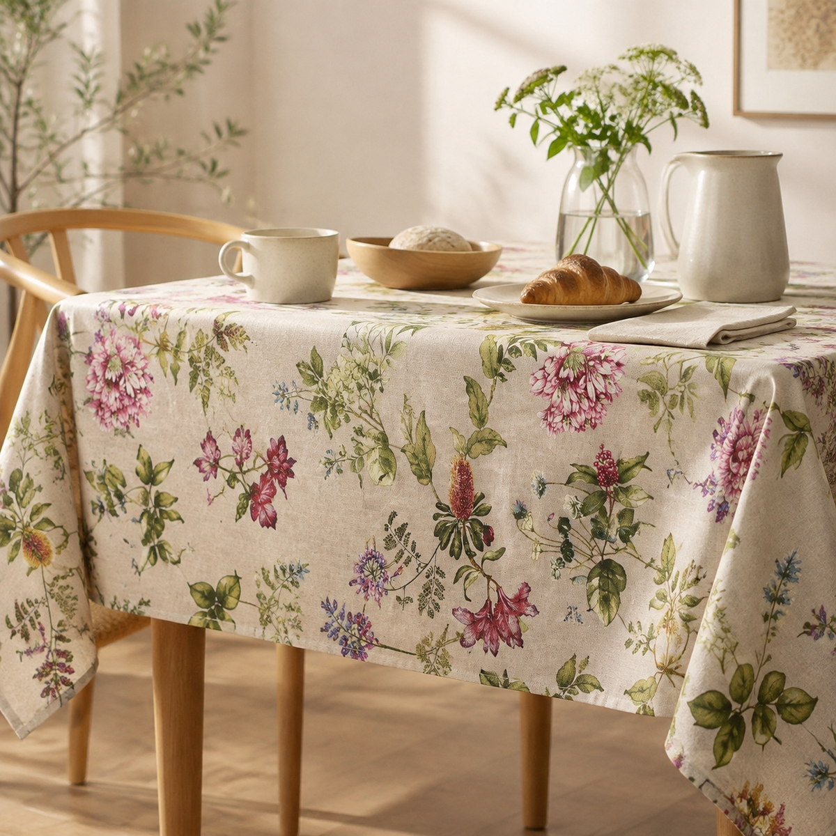 Tischdecke Botanico mit floralem Muster – stilvolle Frühstückstafel im Tageslicht
