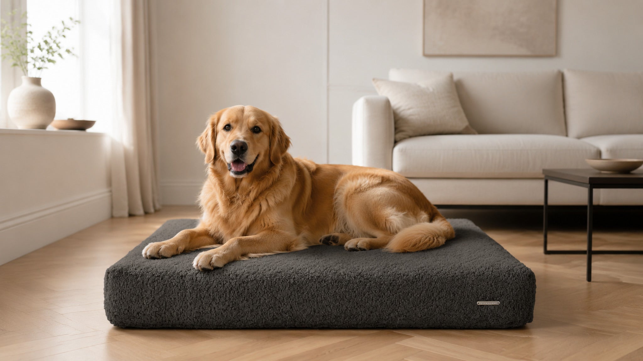 Buklaa Hundekissen Anthrazit mit Golden Retriever – Premium Wohnszene