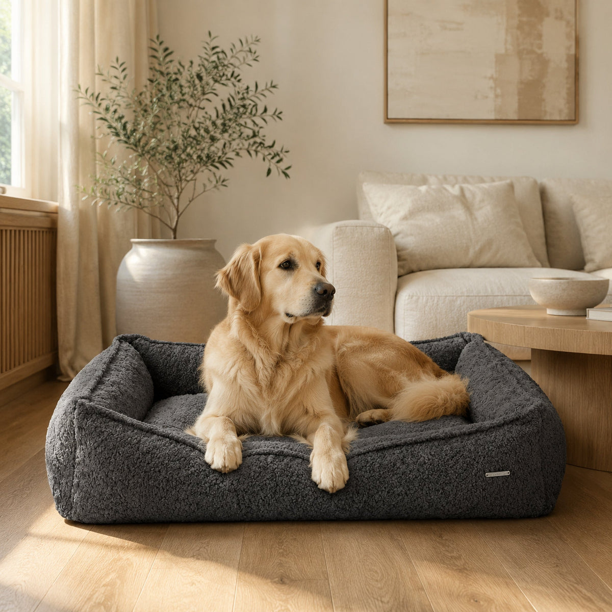 Buklaa Bouclé Hundebett Anthrazit mit Golden Retriever im stilvollen Wohnzimmer