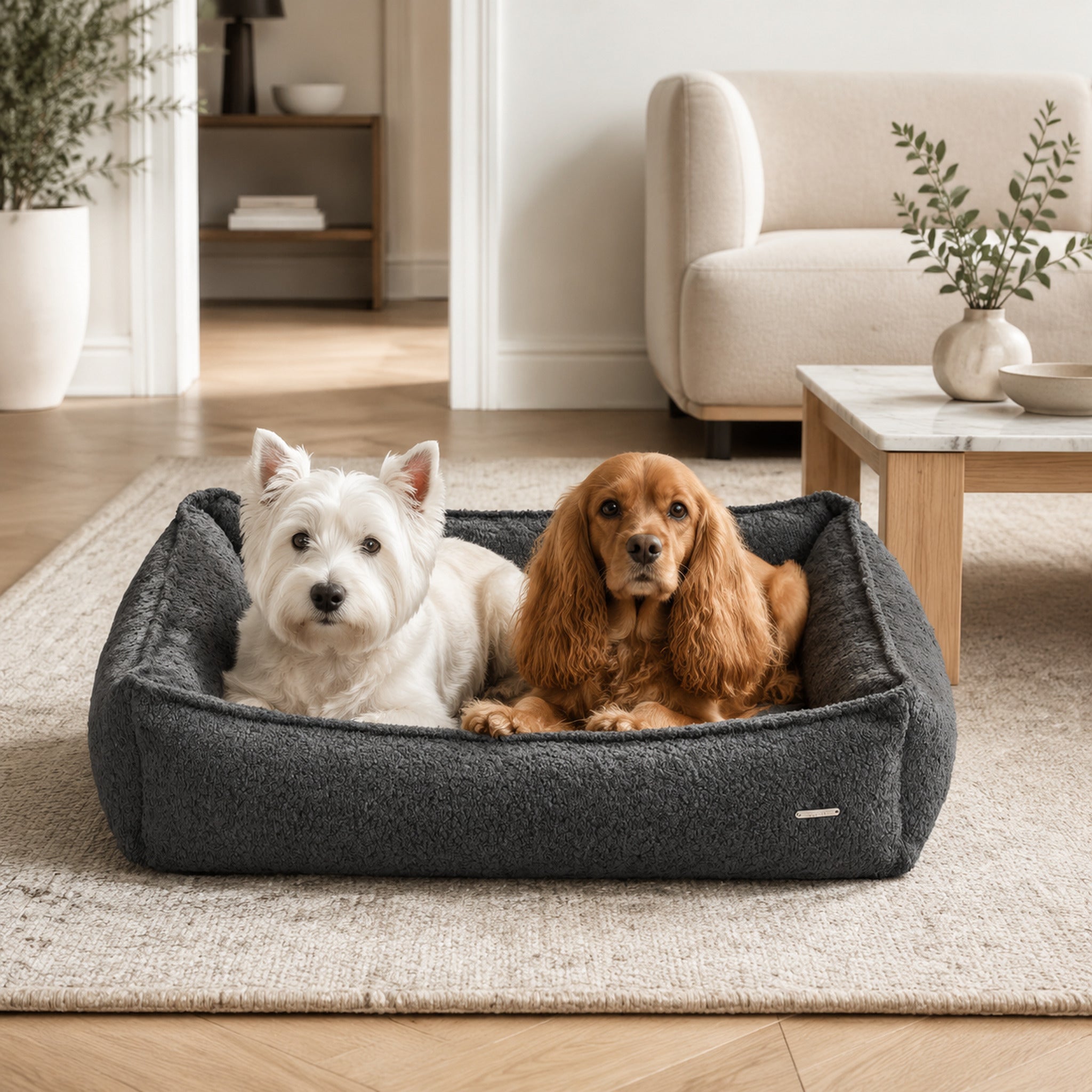 Buklaa Bouclé Hundebett Anthrazit für zwei Haustiere – moderne Wohnatmosphäre