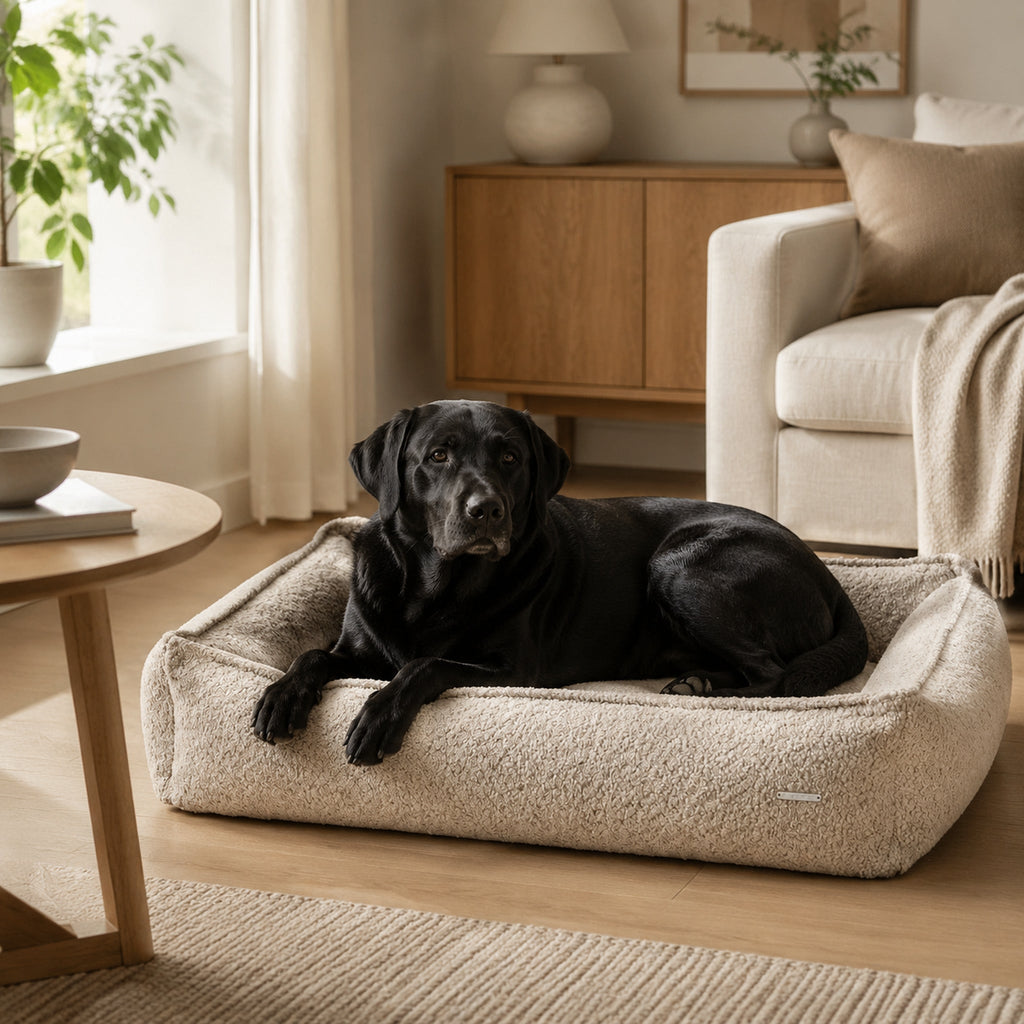 Buklaa Bouclé Hundebett Hellbeige mit Labrador in stilvoller Atmosphäre