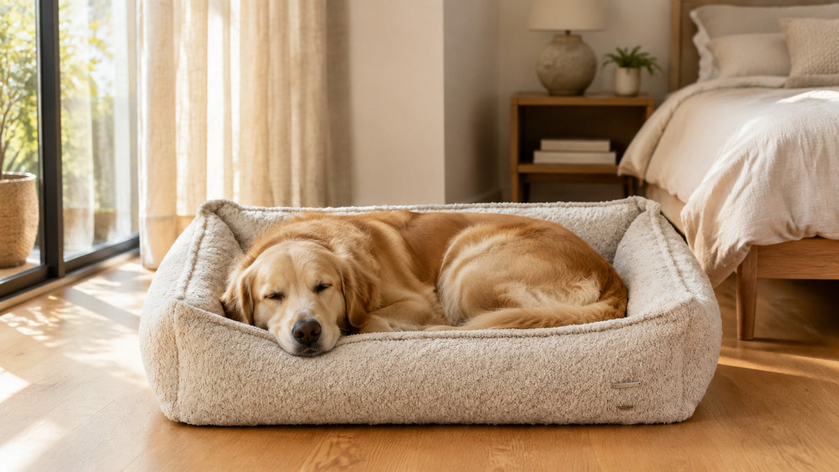 Buklaa Bouclé Hundebett Hellbeige im hellen Premium Interieur – 16:9