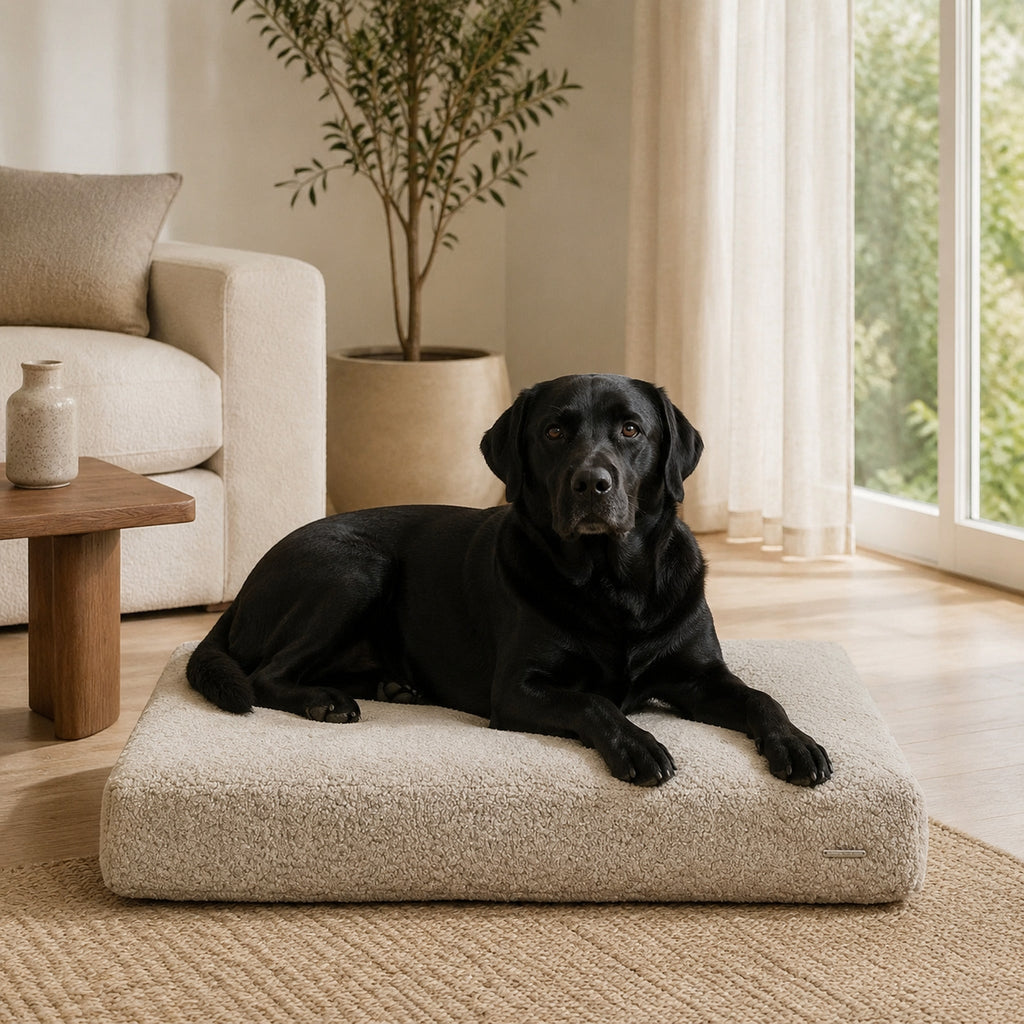Buklaa Hundekissen Hellbeige mit Labrador in stilvoller Atmosphäre