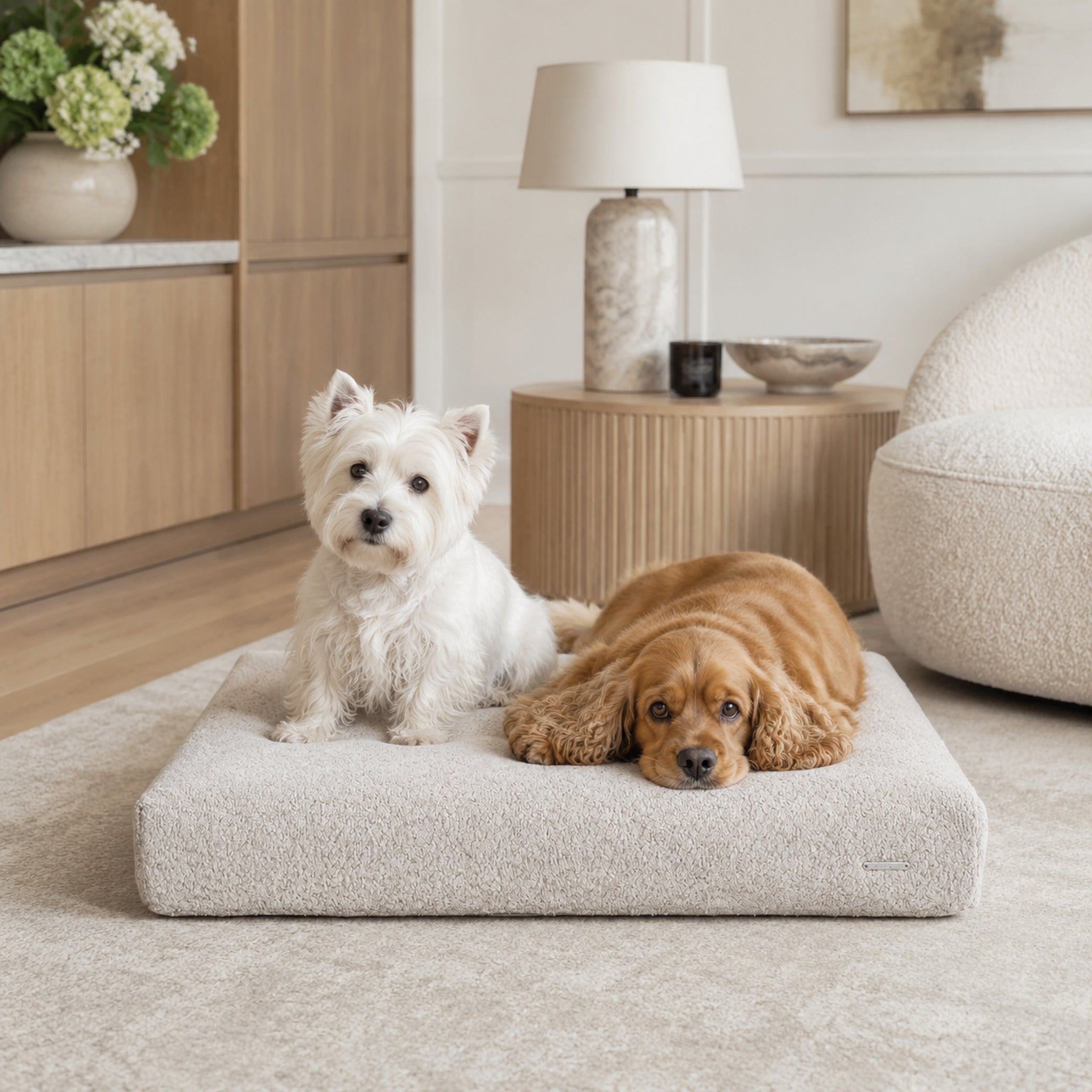 Buklaa Hundekissen Hellbeige für zwei Hunde – hochwertige Lifestyle Aufnahme