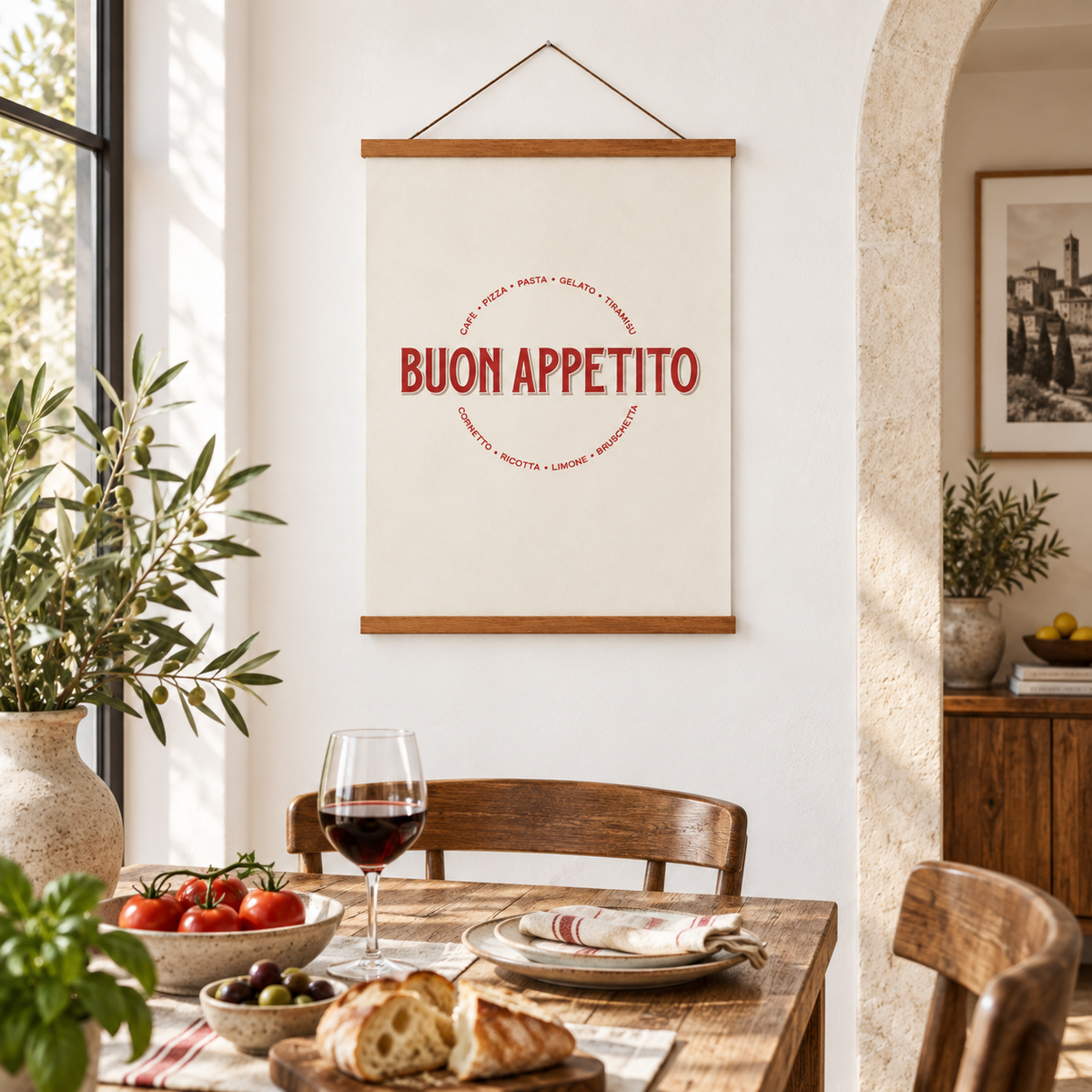Poster Buon Appetito in italienischer Atmosphäre – quadratisch