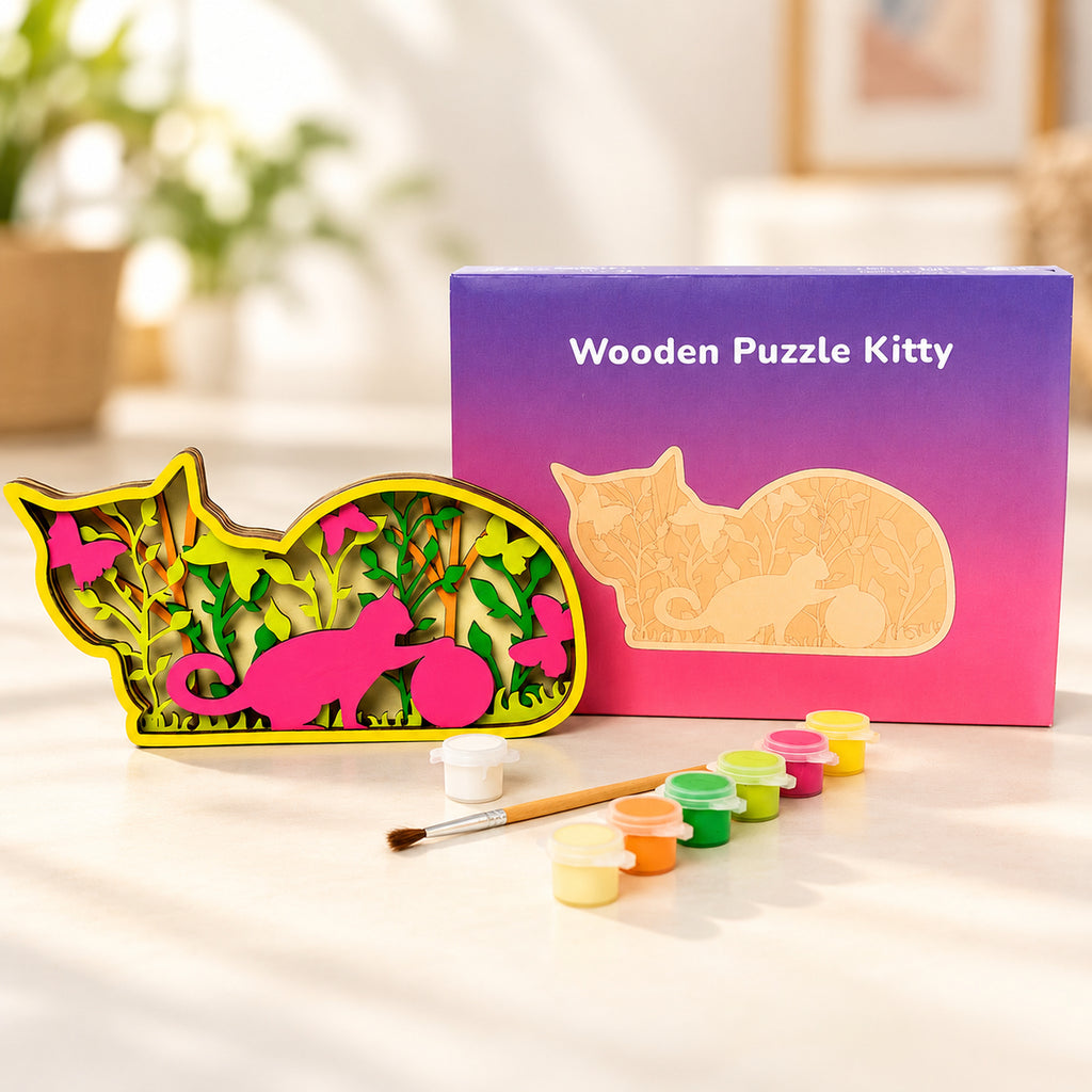 BusyKids Holzpuzzle-Bastelset Kitty mit Acrylfarben – Premium-Produktansicht