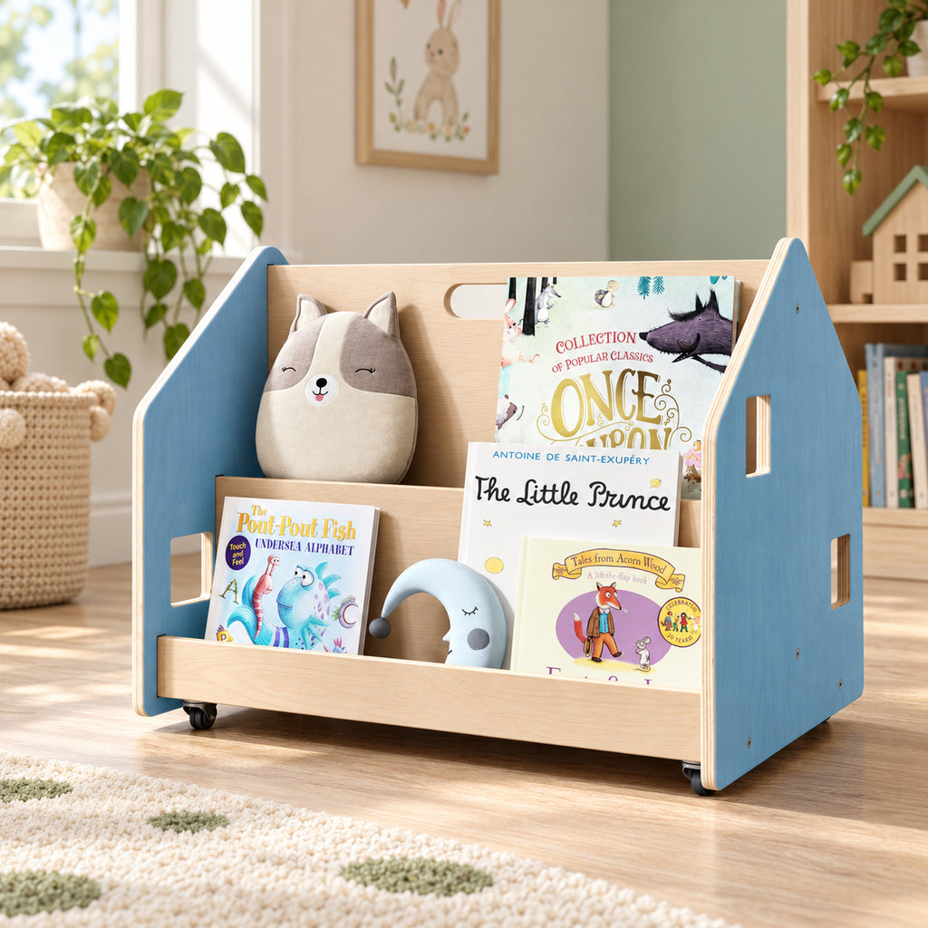 BusyKids Kinderbücherregal auf Rollen, beidseitig – Hellblau – Premium-Produktansicht