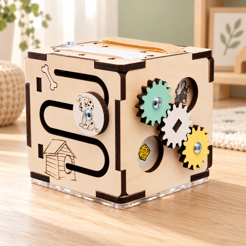 BusyKids Mini-Motorikwürfel aus Holz – ab 1 Jahr – Premium-Produktansicht