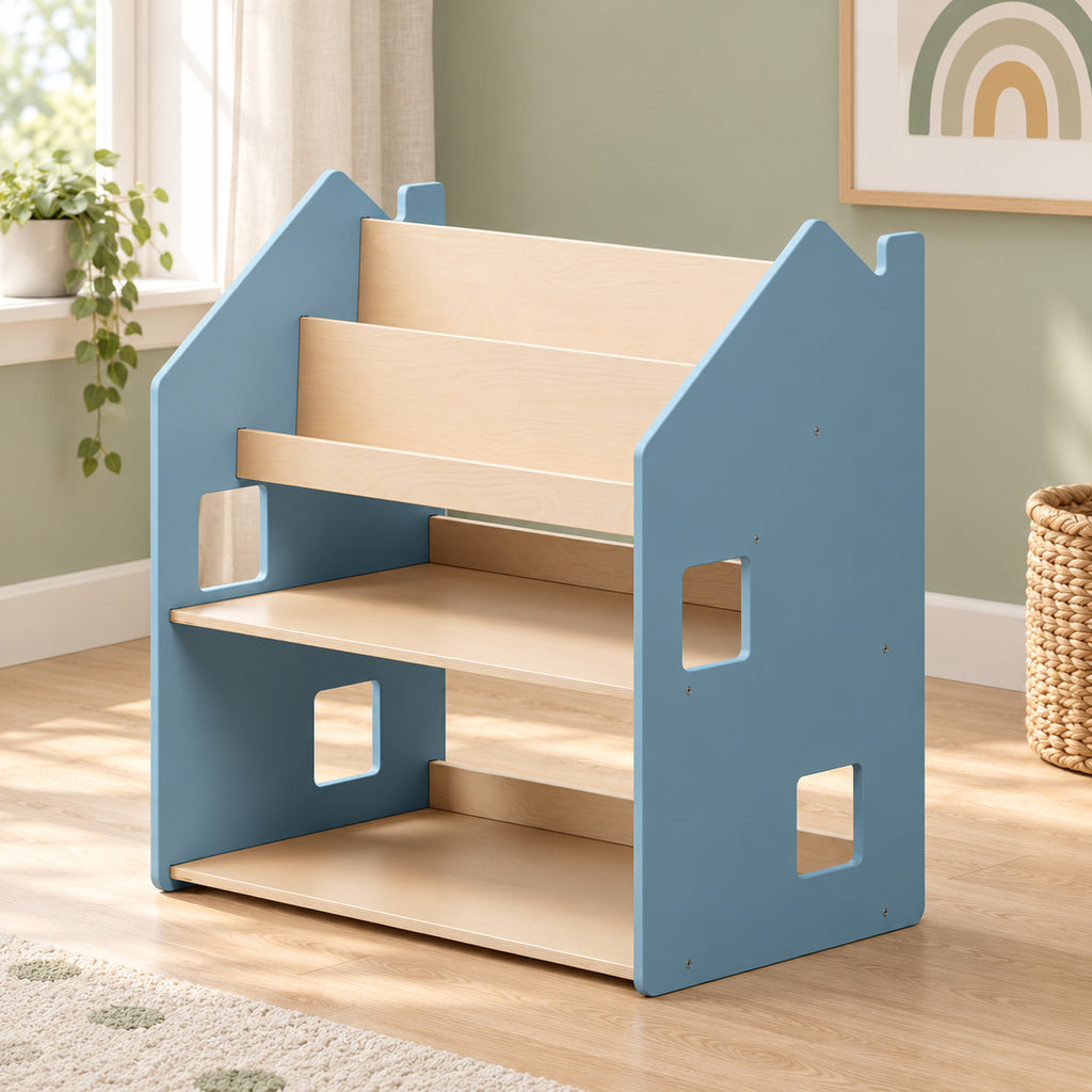 BusyKids Montessori-Kinderregal für Bücher & Spielzeug – Hellblau – Premium-Produktansicht
