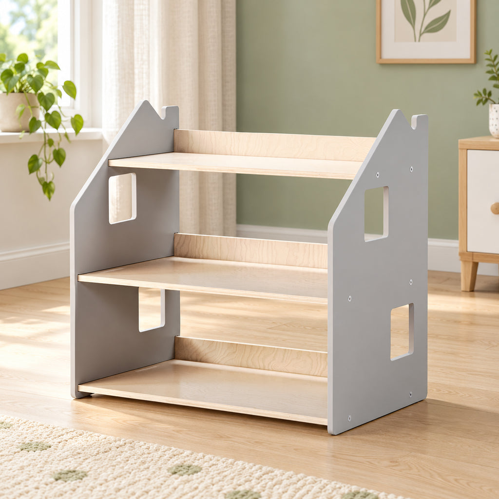 BusyKids Montessori-Kinderregal für Spielzeug – Grau oder Weiß – Premium-Produktansicht