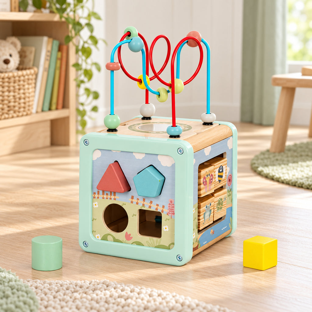 BusyKids Montessori-Motorikwürfel 5-in-1 – Premium-Produktansicht