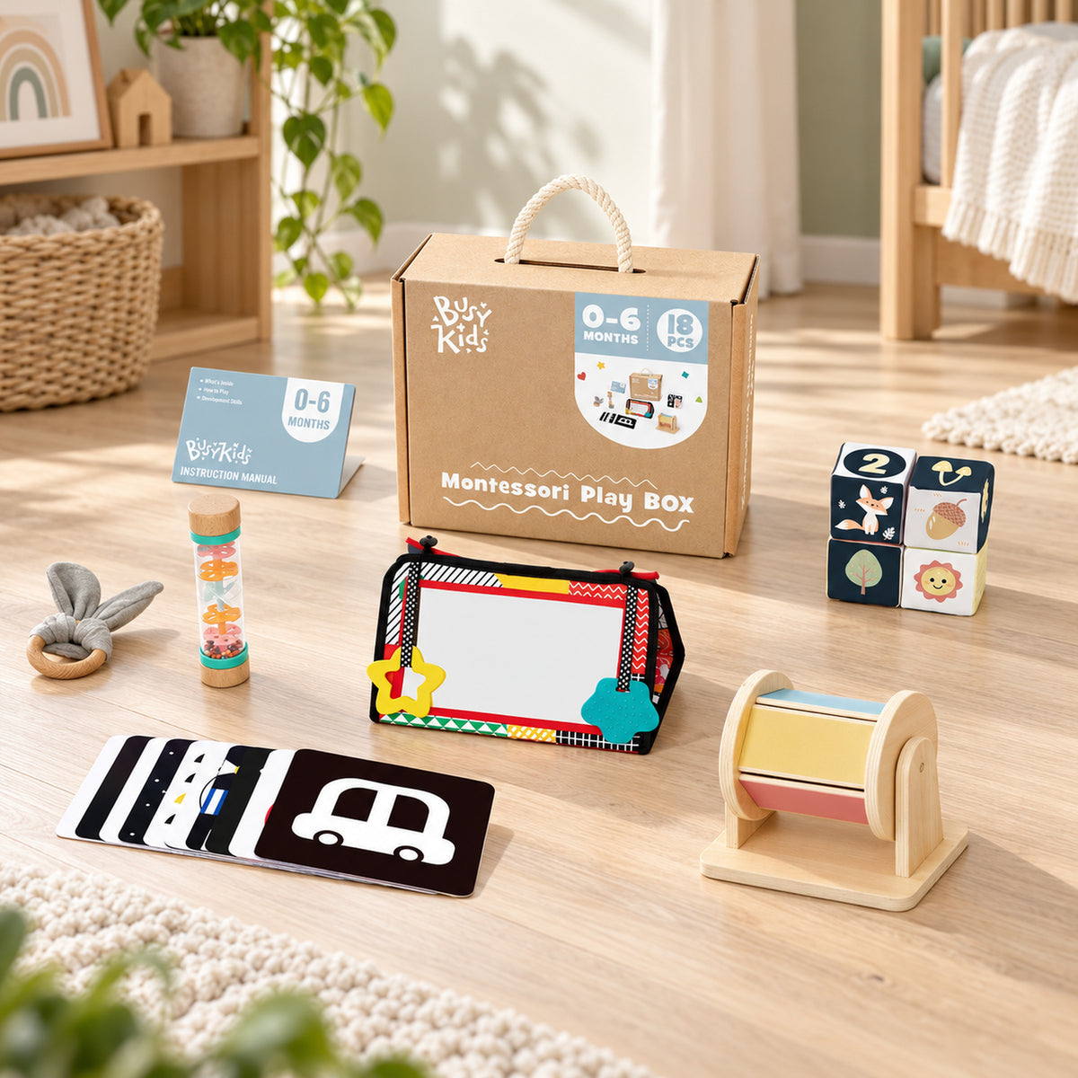 BusyKids Montessori-Spielbox für Babys – 0–6 Monate – Premium-Produktansicht