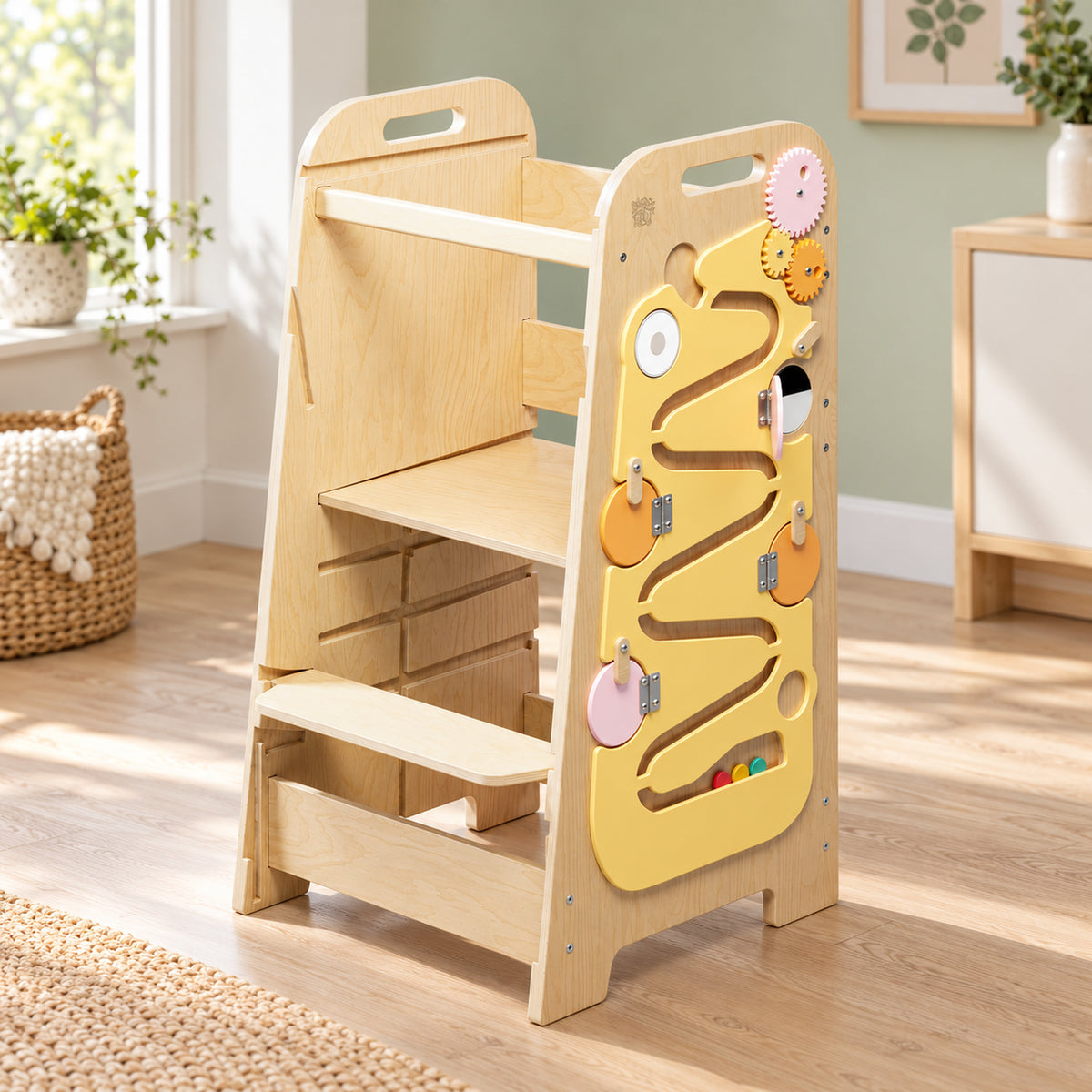 BusyKids Play XL 5-in-1-Lernturm mit Busy Board – Gelb – Premium-Produktansicht