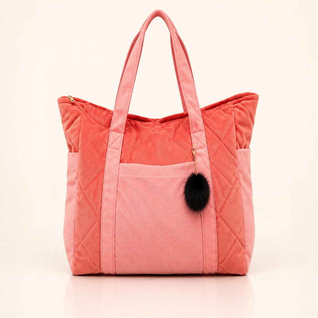 Mom Bag und Weekender Candy in Korallrosa auf hellem Spiegelboden