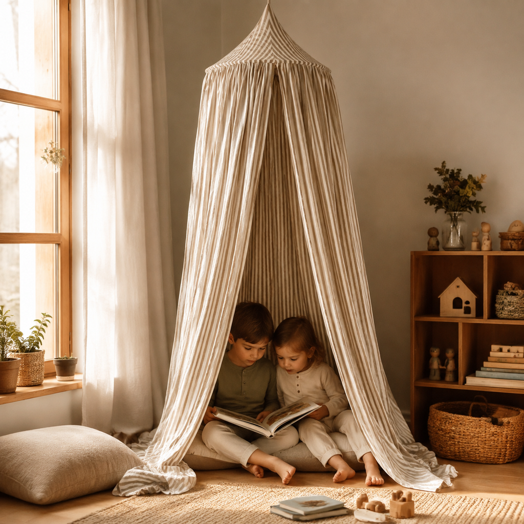 Leseecke unter dem Kinder-Baldachin Olive Stripes