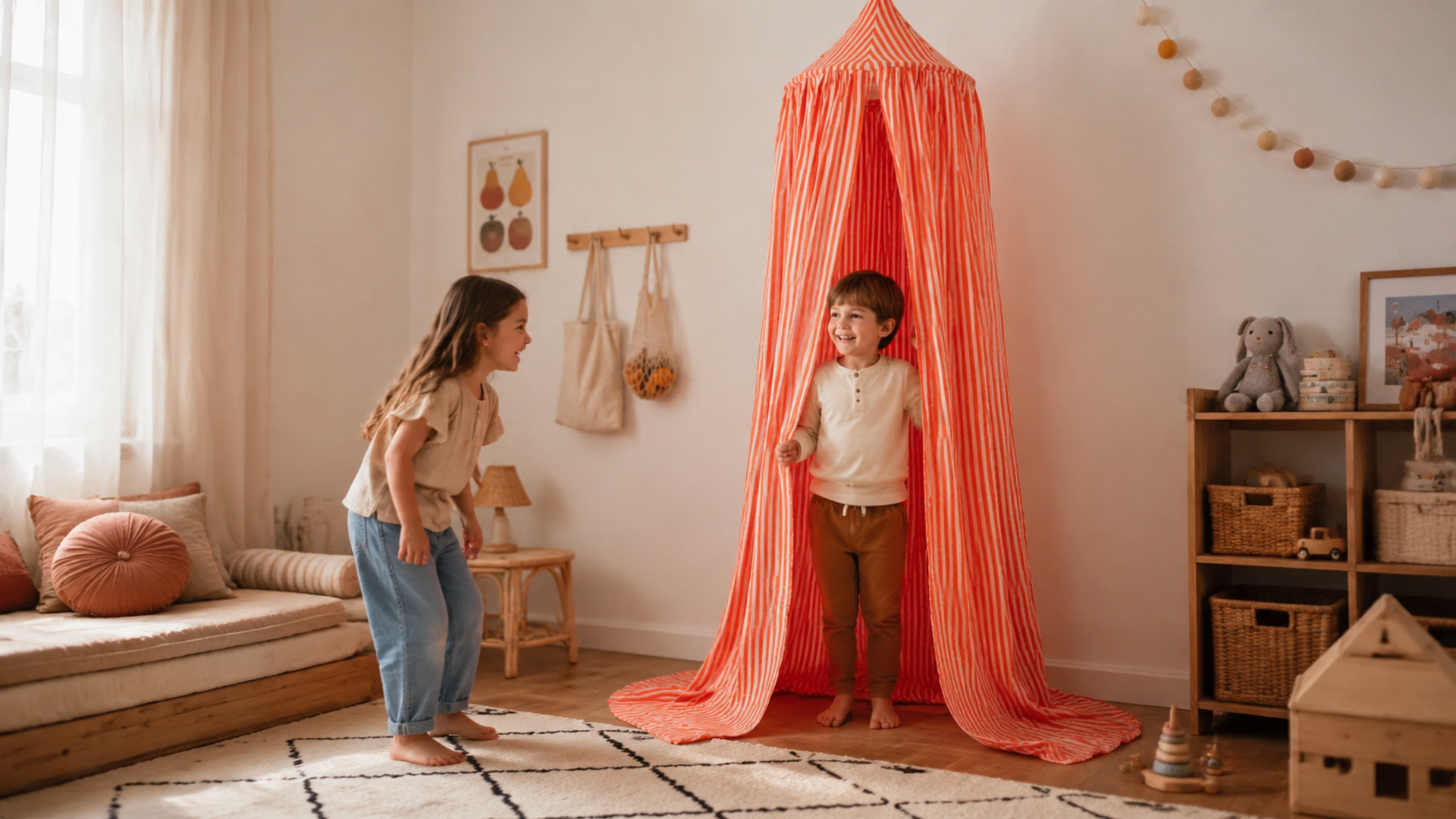 Kinder spielen unter einem pink-orange gestreiften Baldachin