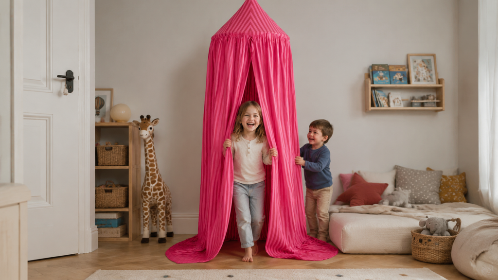 Kinder spielen unter dem pink gestreiften Baldachin