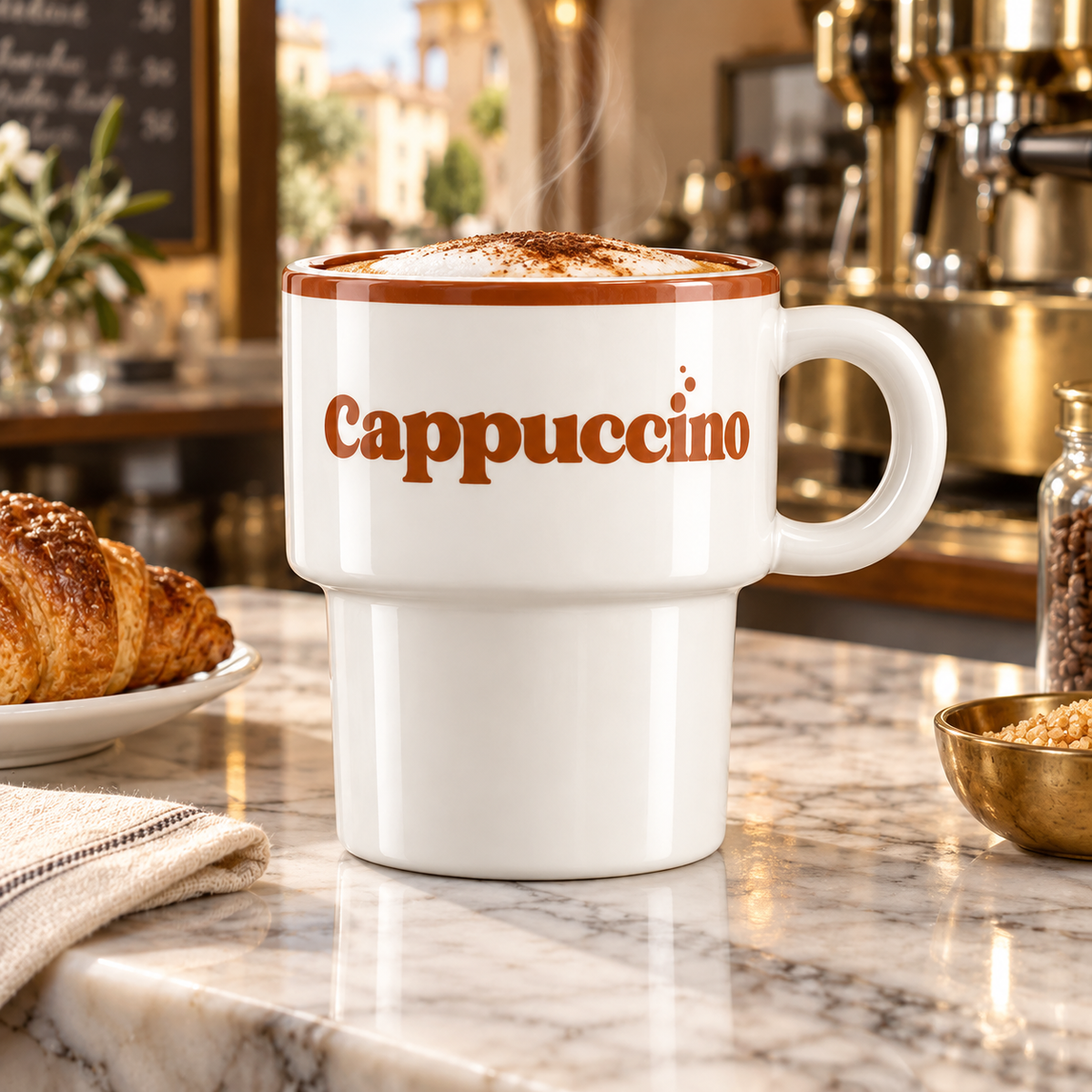Keramiktasse Cappuccino in italienischer Atmosphäre – quadratisch