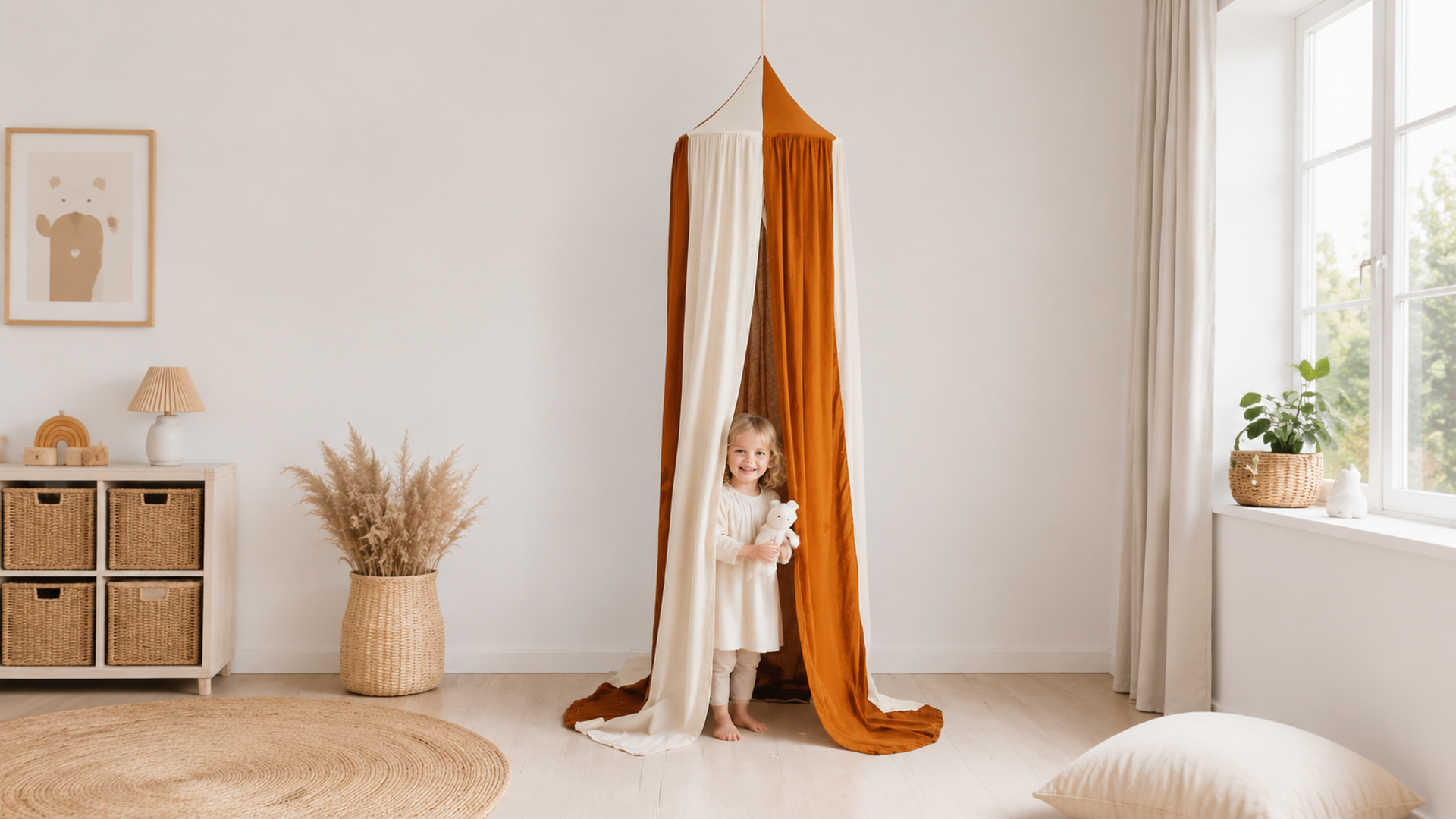 Kind kommt aus dem Caramel Circus Kinder-Baldachin