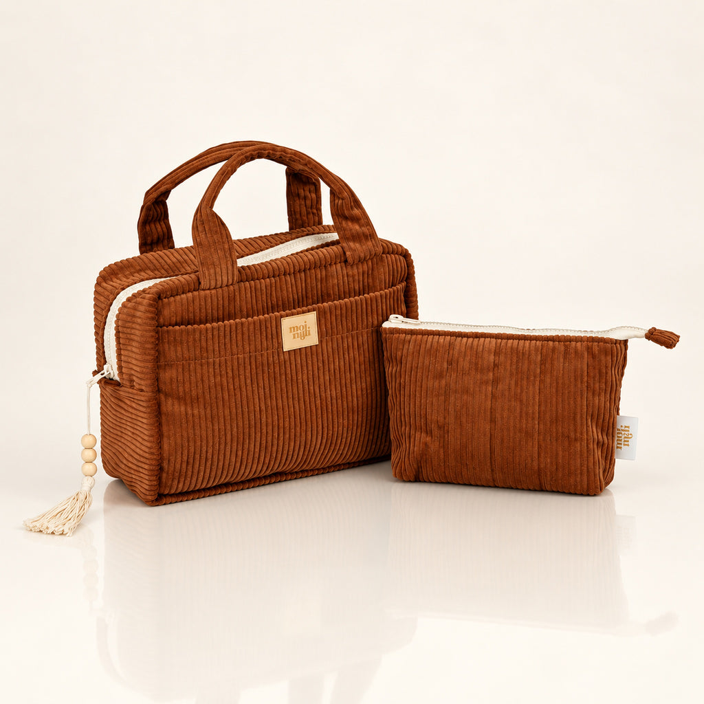 moi mili Kosmetiktaschen-Set aus Cord, 2-teilig – Karamell