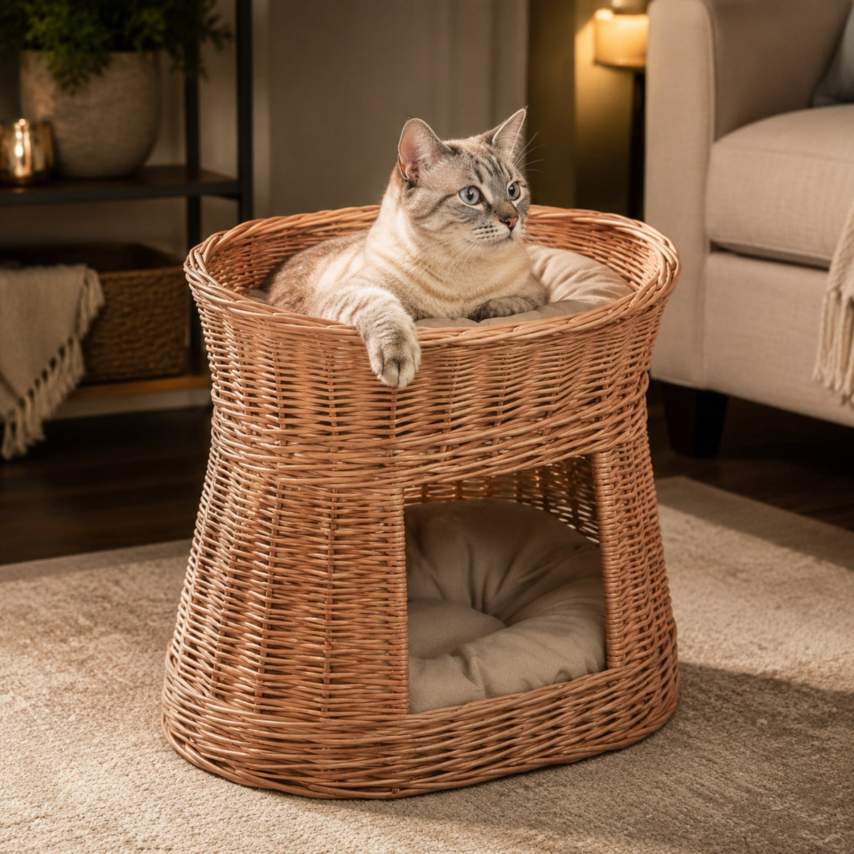 Cari Katzenhaus aus Weide mit zwei Kissen – Elegante Wohnszene mit Haustier