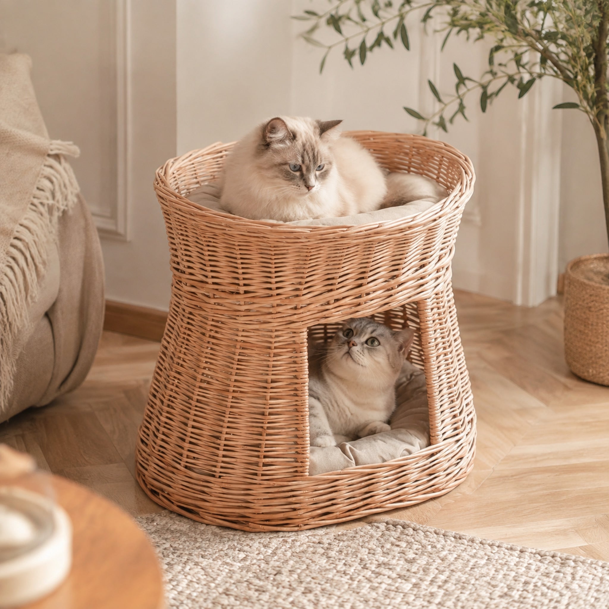Cari Katzenhaus aus Weide mit zwei Kissen – Stilvolle Wohnatmosphäre mit zwei Haustieren