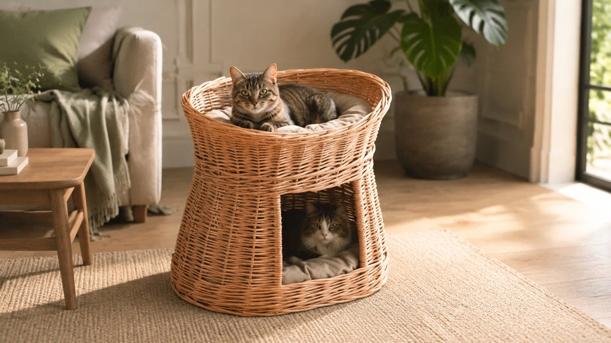 Cari Katzenhaus aus Weide mit zwei Kissen – Breite Premium-Wohnszene im Format 16:9