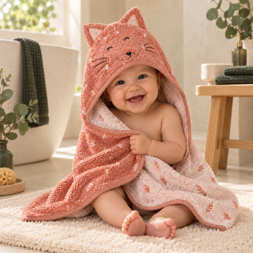 Baby im Bio-Baumwoll-Kapuzenbadetuch Mrs. Cat