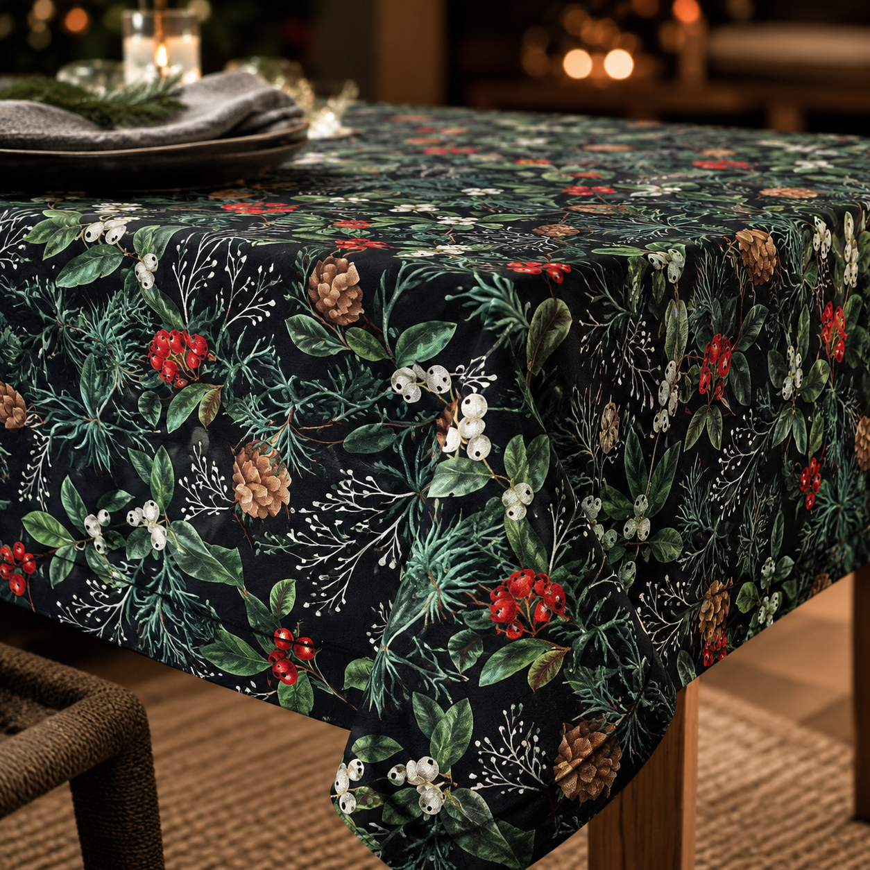 Tischdecke Christmas Forest aus 100 % Baumwolle – Detail von Stoff, Saum und Originalmuster