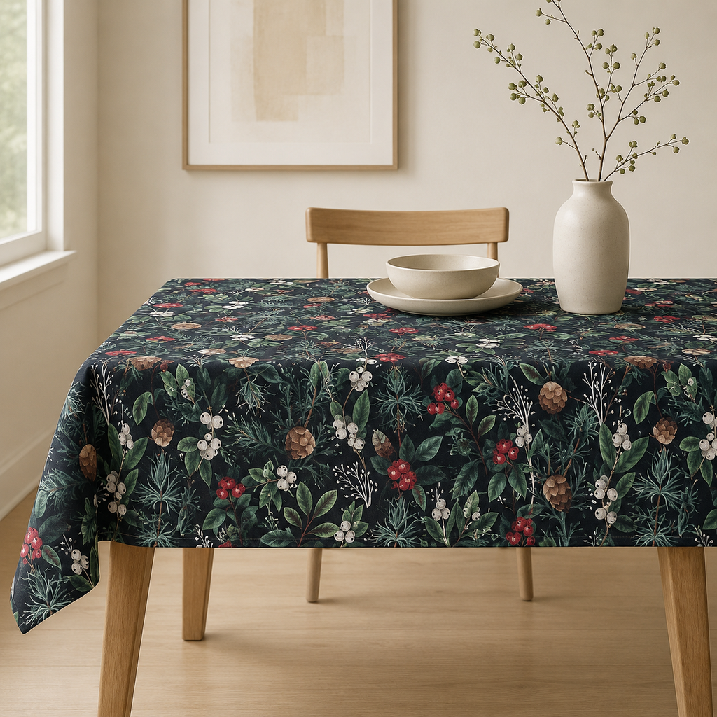 Tischdecke Christmas Forest aus 100 % Baumwolle – Premium Hauptbild im eleganten Esszimmer