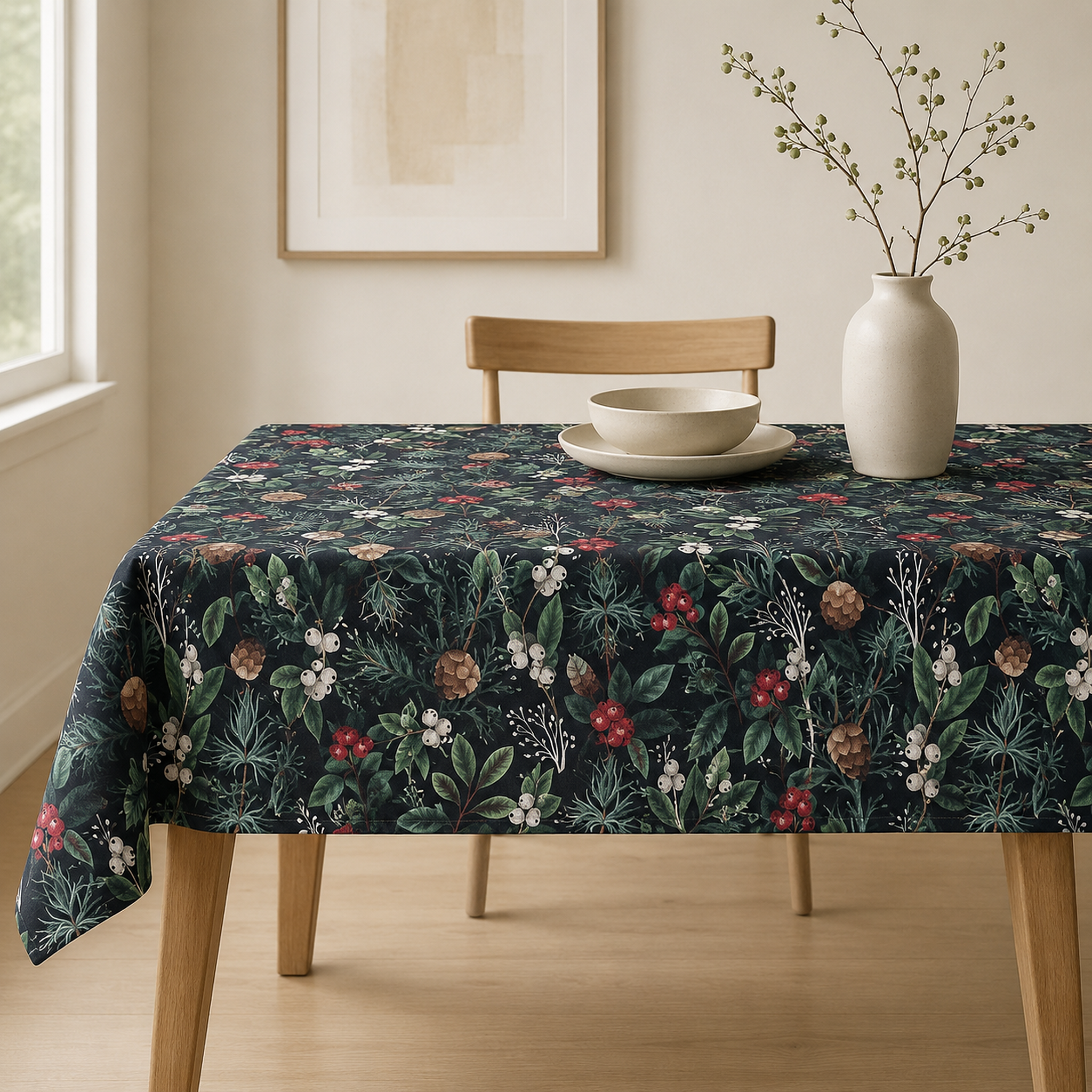 Tischdecke Christmas Forest aus 100 % Baumwolle – Premium Hauptbild im eleganten Esszimmer