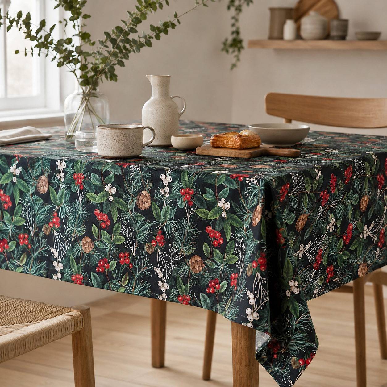 Tischdecke Christmas Forest aus 100 % Baumwolle – stilvolle Frühstückstafel im Tageslicht