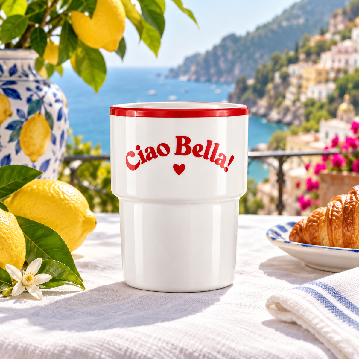 Keramiktasse Ciao Bella in italienischer Atmosphäre – quadratisch