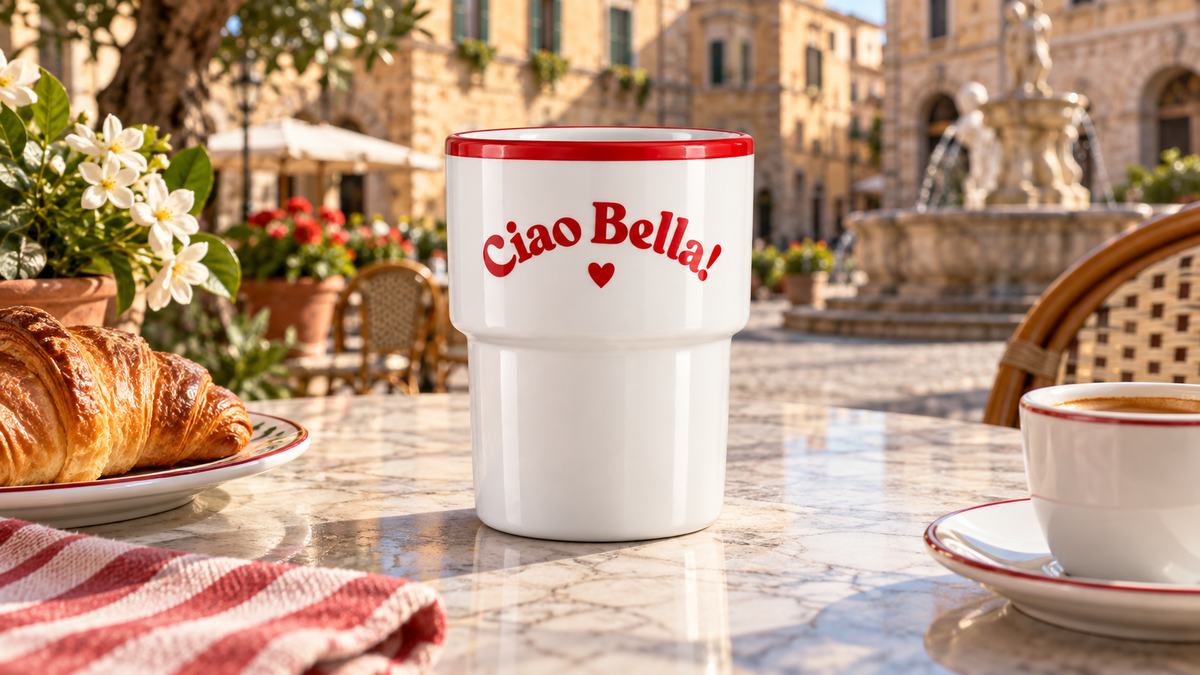 Keramiktasse Ciao Bella in italienischer Atmosphäre – Panorama