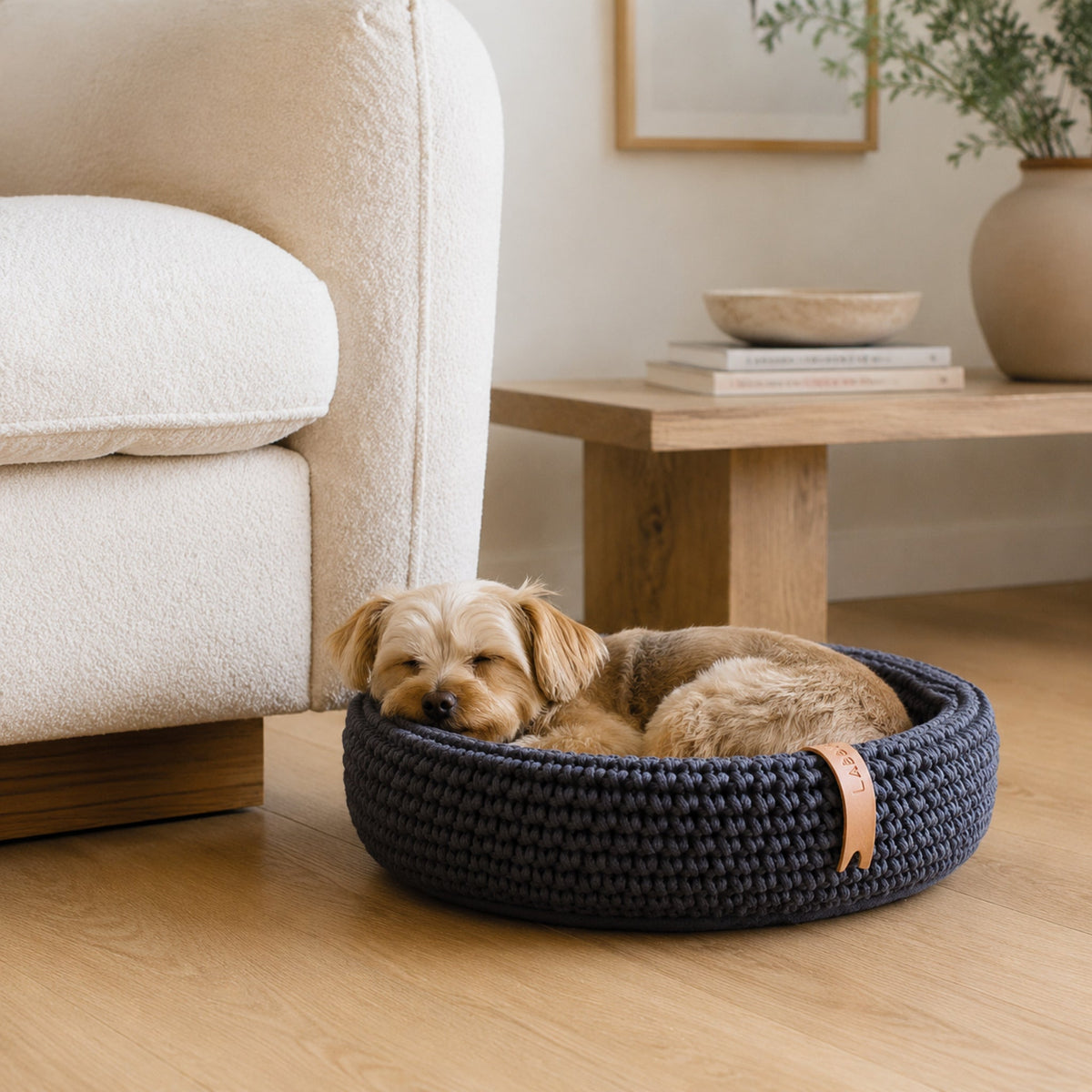 Anthrazitfarbenes Coco Tierbett mit kleinem Hund im modernen Wohnzimmer