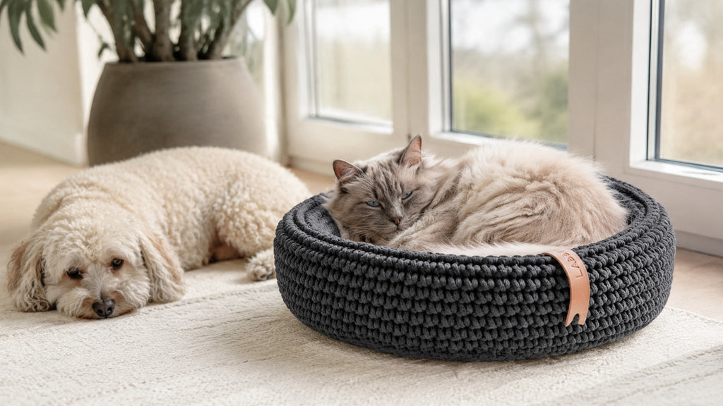 Anthrazitfarbenes Coco Tierbett mit Katze und Hund am großen Fenster