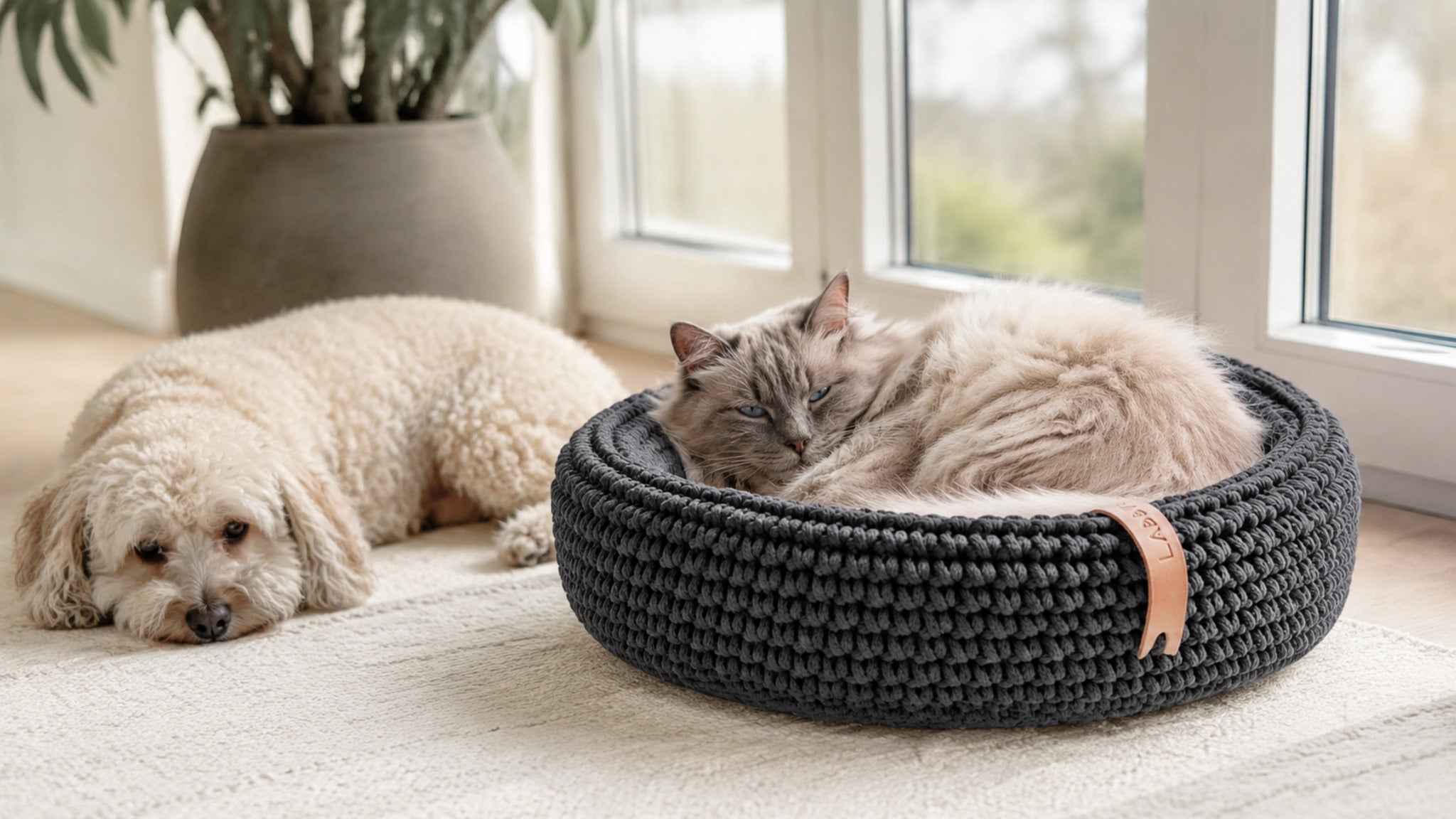 Anthrazitfarbenes Coco Tierbett mit Katze und Hund am großen Fenster