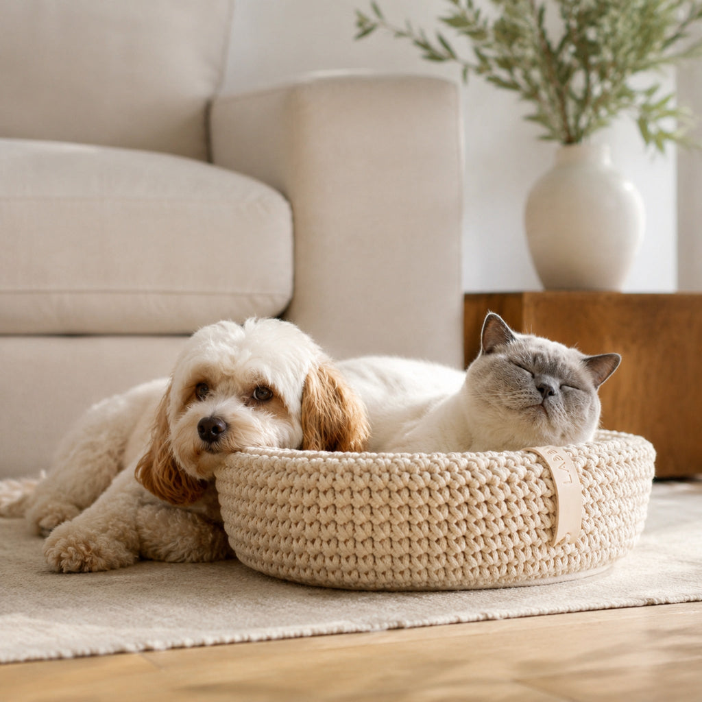 Coco Tierbett Beige mit Hund und Katze in stilvoller Wohnatmosphäre