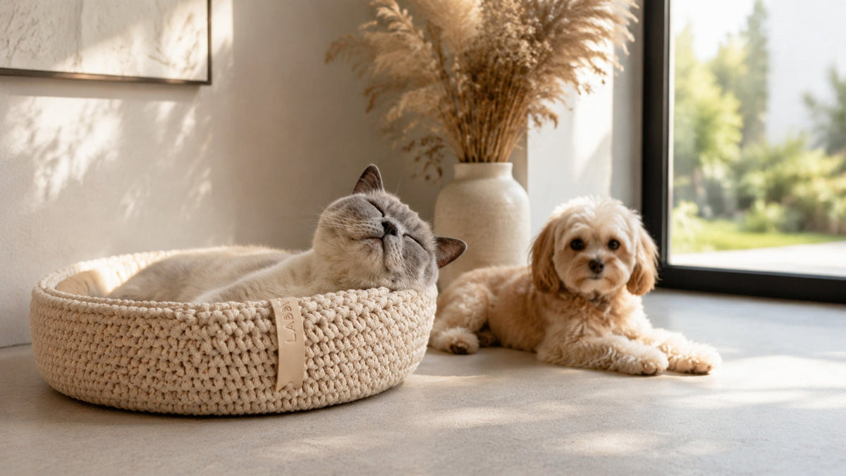 Beiges Coco Tierbett mit Katze und Hund am lichtdurchfluteten Fenster