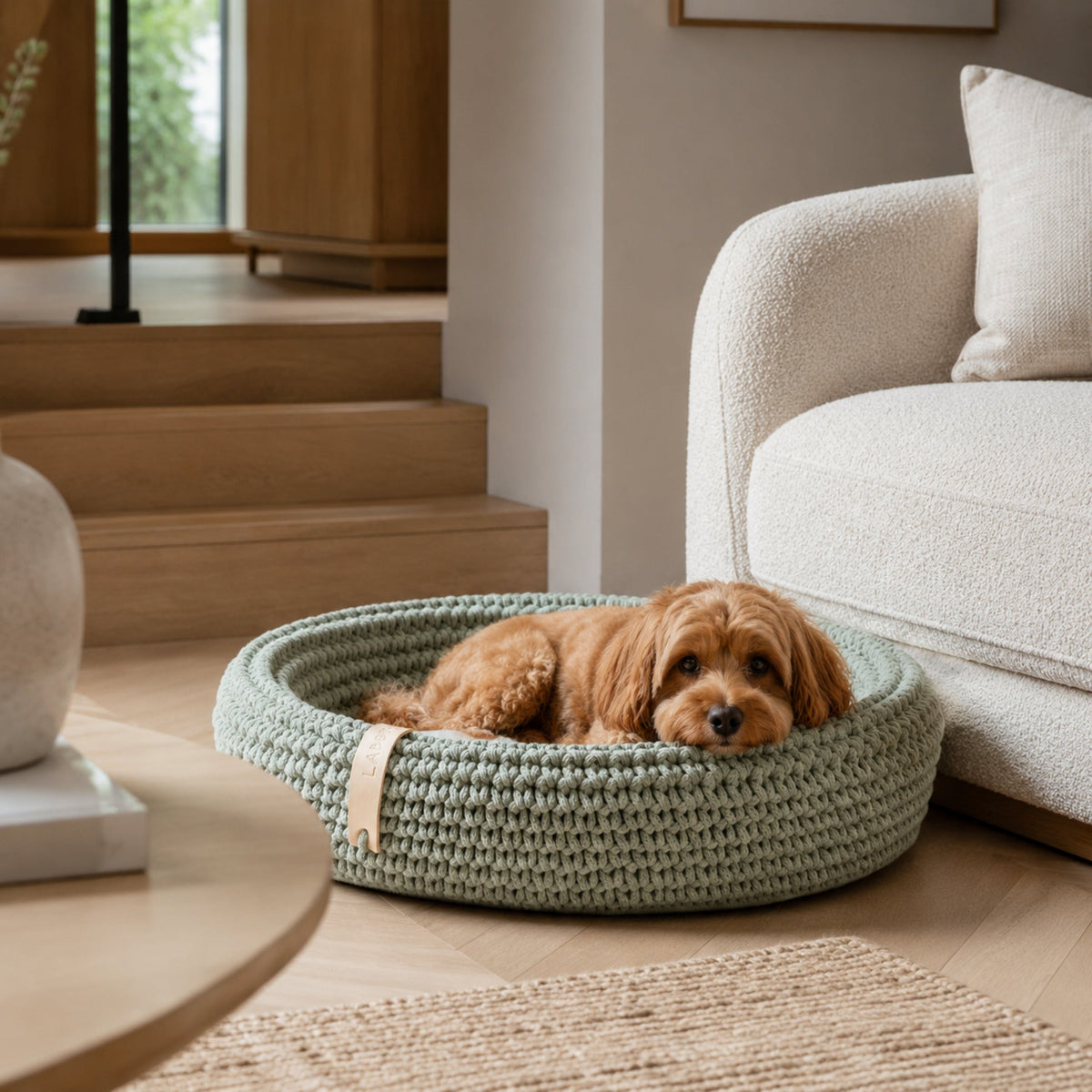 Grünes Coco Tierbett mit kleinem Hund im modernen Wohnzimmer