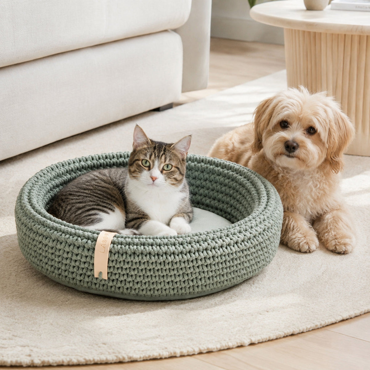 Coco Tierbett Grün mit Hund und Katze in stilvoller Wohnatmosphäre