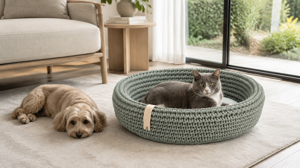 Grünes Coco Tierbett mit Katze und Hund am großen Fenster