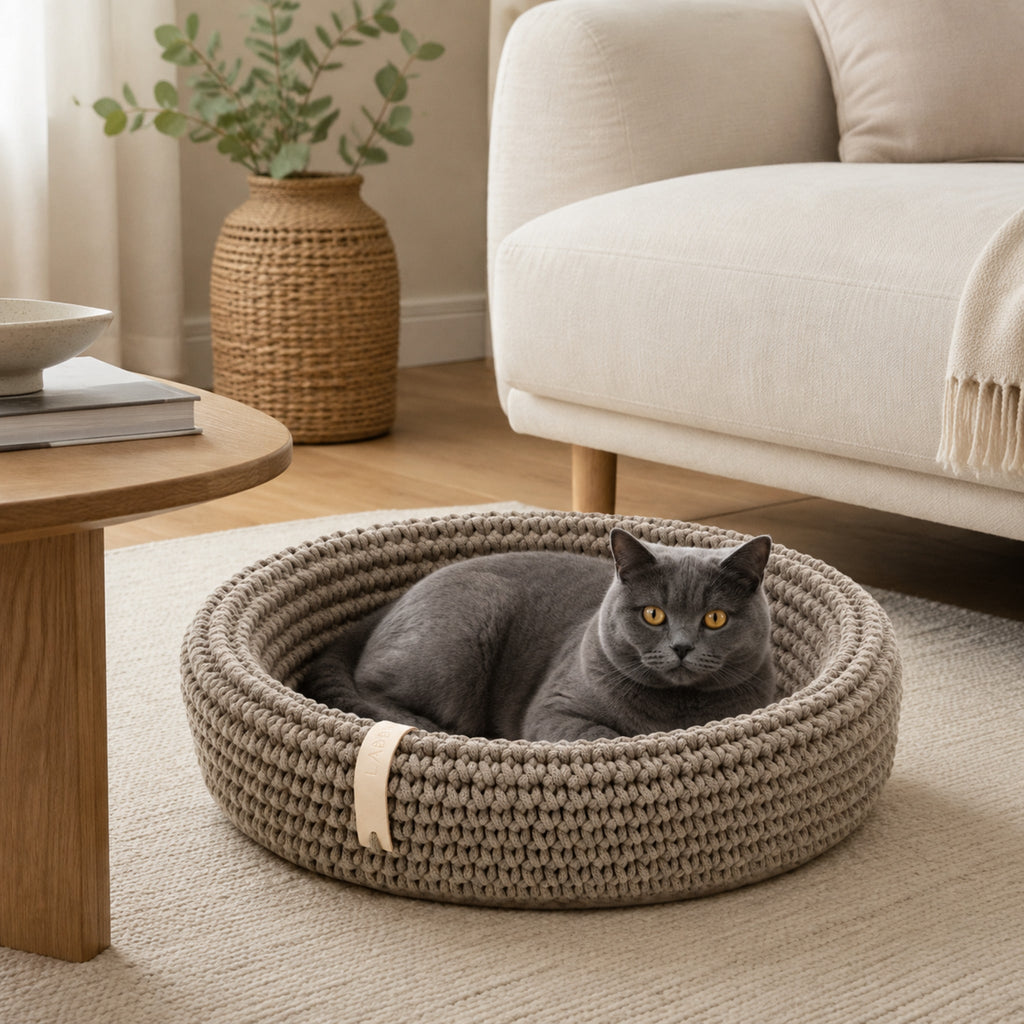 Coco Tierbett Hellbraun mit Katze im stilvollen Wohnzimmer