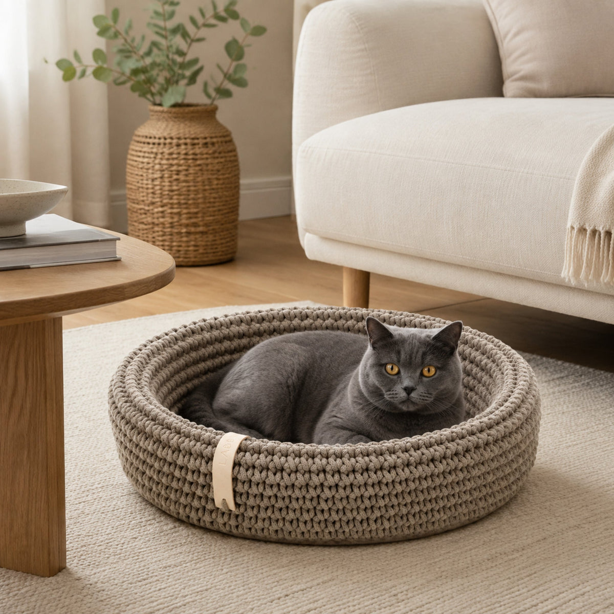 Coco Tierbett Hellbraun mit Katze im stilvollen Wohnzimmer