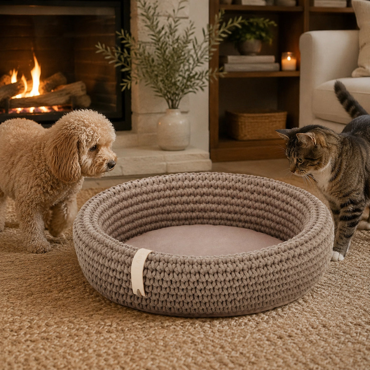 Coco Tierbett für Hund und Katze am Kamin – elegante Wohnatmosphäre
