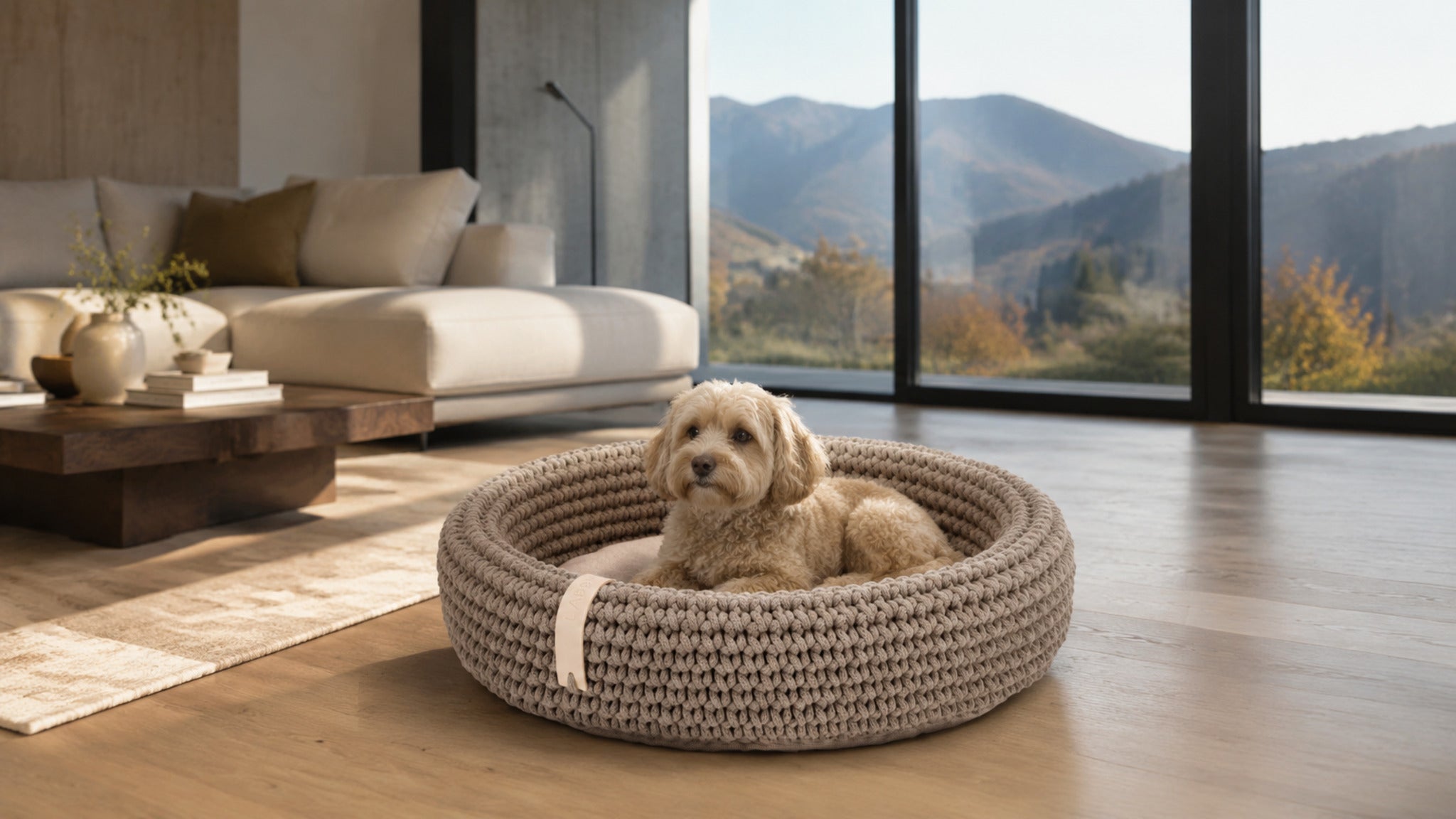 Coco Tierbett Hellbraun mit Hund im modernen Interieur – 16:9